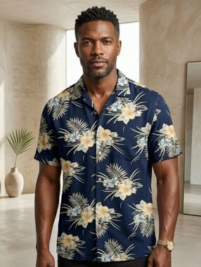 Knightsbridge Navy Silk Cotton Blend Hawaiian Button-Down Caribbean Shirt Small